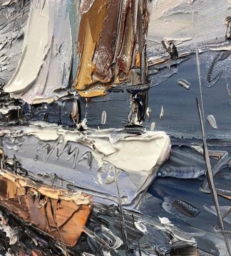 Textured Painting - Sailboats Harbor seascape by Palette Knife detail texture